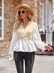 women's casual solid color V-neck stitching long-sleeved top - 808Lush