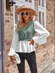 women's casual solid color V-neck stitching long-sleeved top - 808Lush