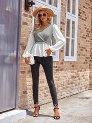 women's casual solid color V-neck stitching long-sleeved top - 808Lush
