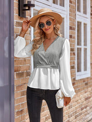 women's casual solid color V-neck stitching long-sleeved top - 808Lush