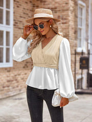 women's casual solid color V-neck stitching long-sleeved top - 808Lush
