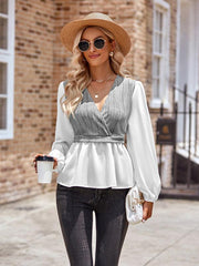 women's casual solid color V-neck stitching long-sleeved top - 808Lush