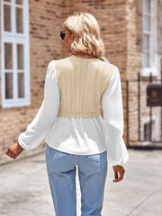 women's casual solid color V-neck stitching long-sleeved top - 808Lush