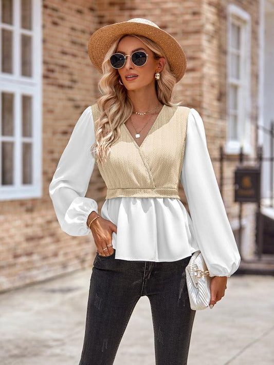 women's casual solid color V-neck stitching long-sleeved top - 808Lush
