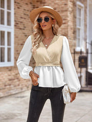 women's casual solid color V-neck stitching long-sleeved top - 808Lush