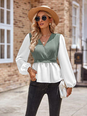 women's casual solid color V-neck stitching long-sleeved top - 808Lush