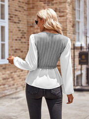 women's casual solid color V-neck stitching long-sleeved top - 808Lush