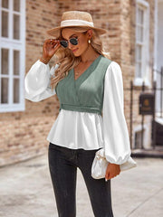 women's casual solid color V-neck stitching long-sleeved top - 808Lush