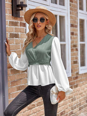 women's casual solid color V-neck stitching long-sleeved top - 808Lush