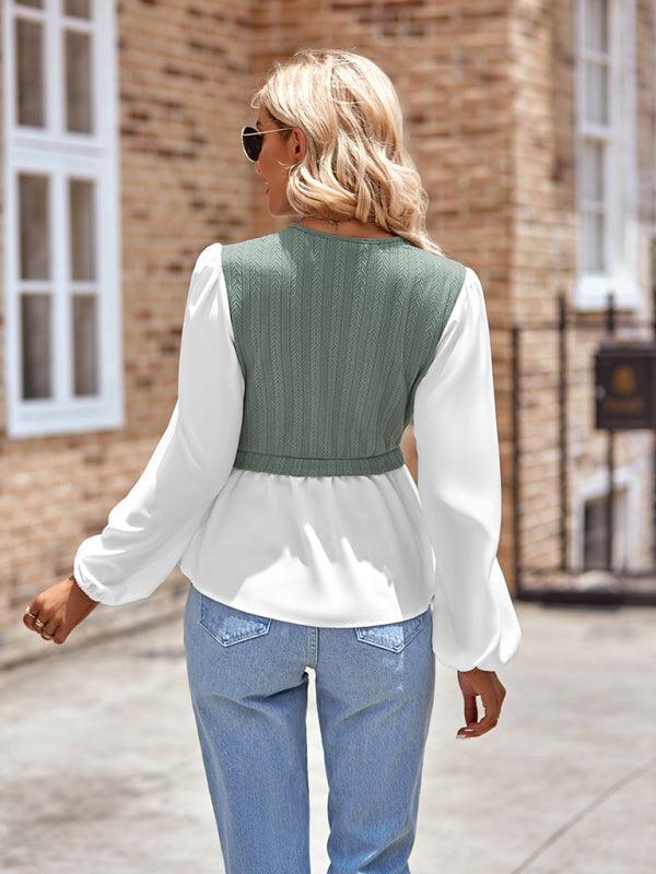 women's casual solid color V-neck stitching long-sleeved top - 808Lush