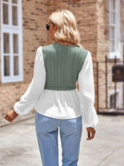 women's casual solid color V-neck stitching long-sleeved top - 808Lush