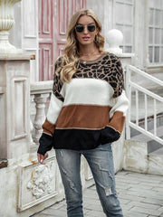 women's color block round neck large size pullover loose knitted sweater - 808Lush