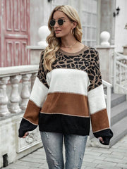 women's color block round neck large size pullover loose knitted sweater - 808Lush