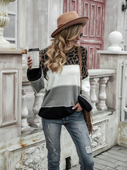 women's color block round neck large size pullover loose knitted sweater - 808Lush