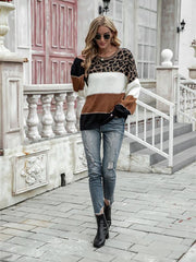 women's color block round neck large size pullover loose knitted sweater - 808Lush