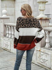 women's color block round neck large size pullover loose knitted sweater - 808Lush