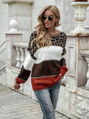 women's color block round neck large size pullover loose knitted sweater - 808Lush