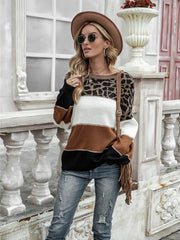 women's color block round neck large size pullover loose knitted sweater - 808Lush