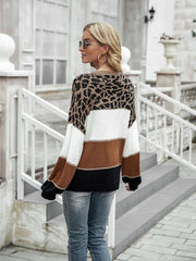 women's color block round neck large size pullover loose knitted sweater - 808Lush