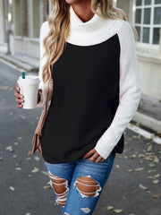women's color contrast turtleneck solid color sweater - 808Lush