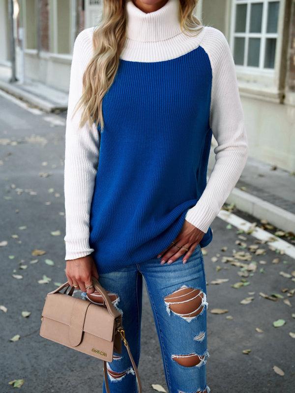 women's color contrast turtleneck solid color sweater - 808Lush