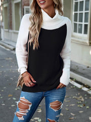 women's color contrast turtleneck solid color sweater - 808Lush