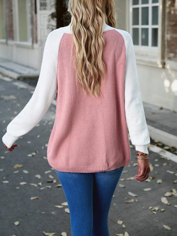 women's color contrast turtleneck solid color sweater - 808Lush