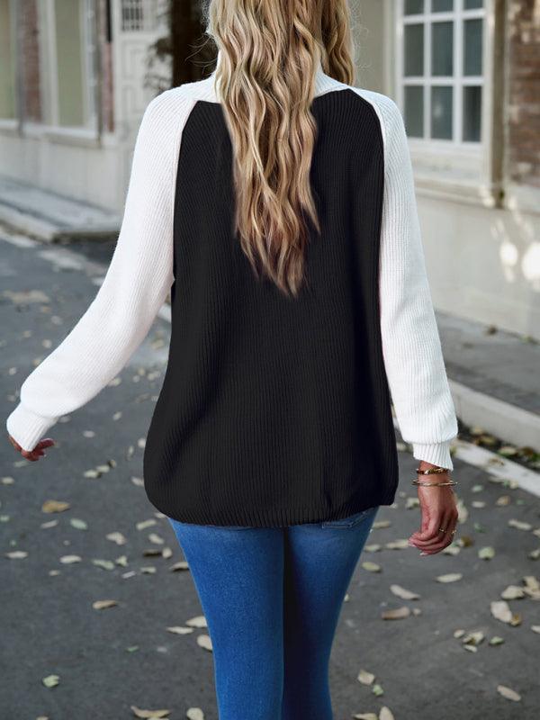women's color contrast turtleneck solid color sweater - 808Lush