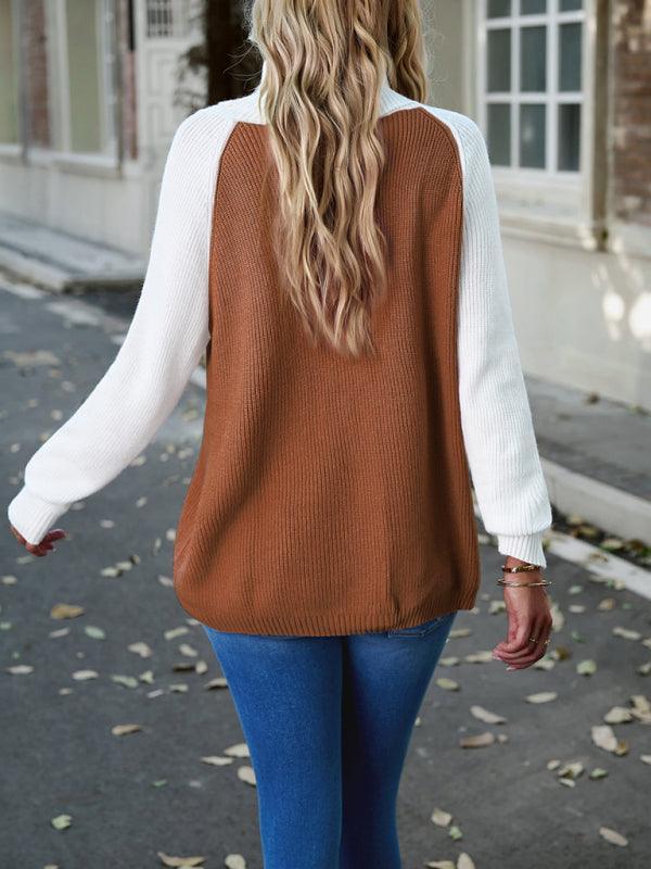 women's color contrast turtleneck solid color sweater - 808Lush