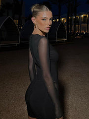 round neck long sleeve sexy mesh see-through slim fit jumpsuit - 808Lush