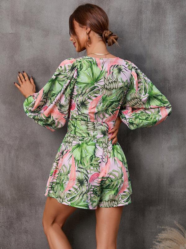 women's hollowed-out long-sleeved shorts V-neck jumpsuit - 808Lush
