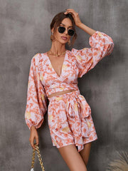 women's hollowed-out long-sleeved shorts V-neck jumpsuit - 808Lush