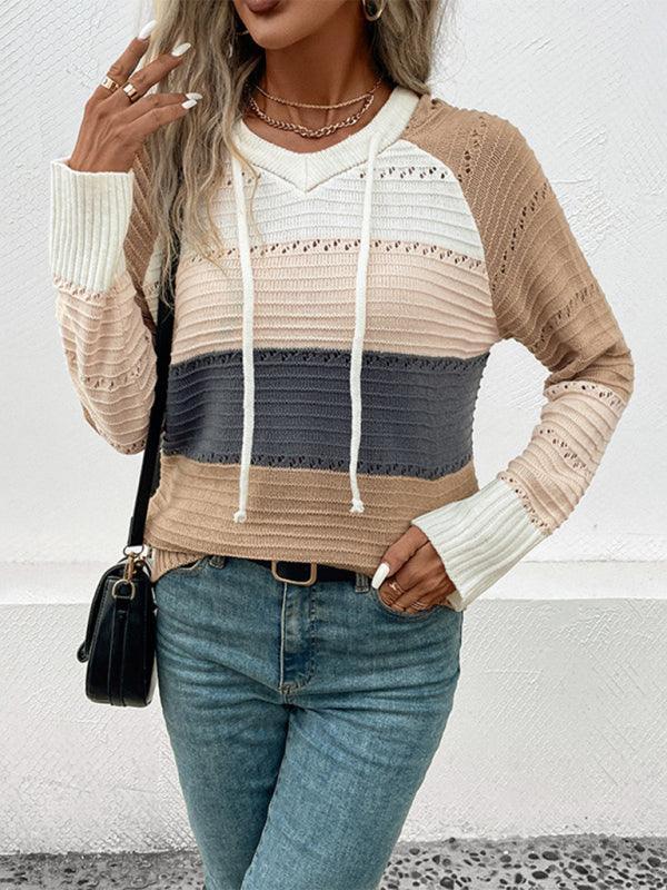 women's hooded color block pullover sweater - 808Lush