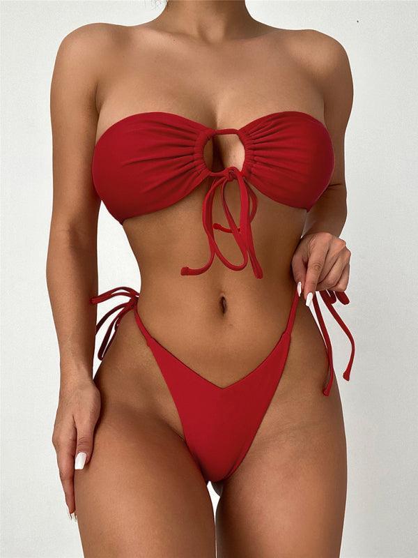 women's one-piece swimsuit low waist strapless solid color tube top sexy bikini - 808Lush