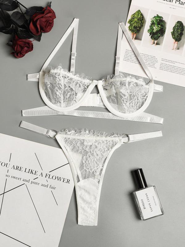 sexy three-point erotic underwear with steel ring split temptation see-through suit - 808Lush