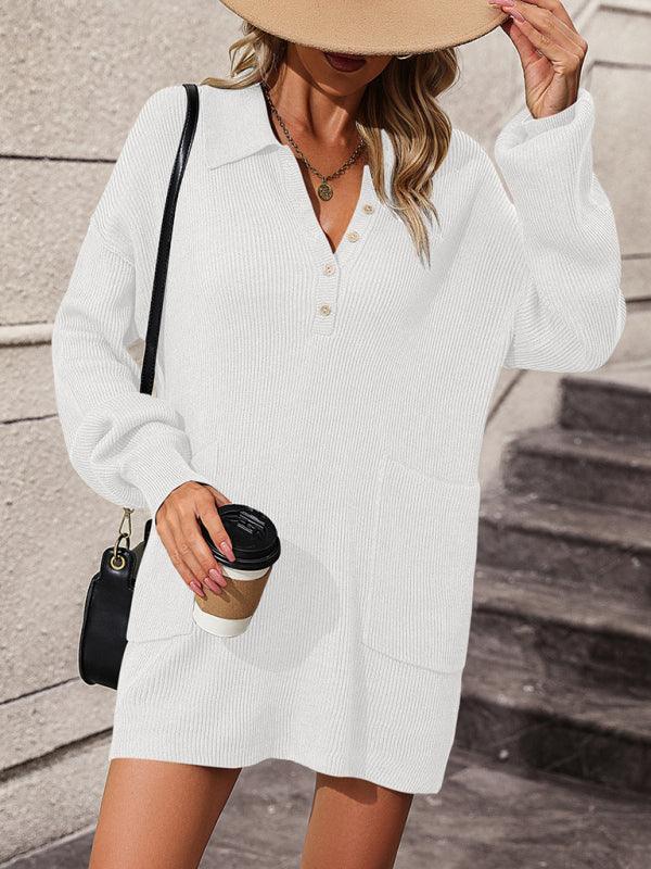 lapel button sweater mid-length coat sweater - 808Lush