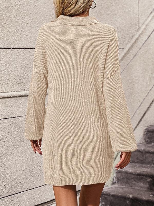 lapel button sweater mid-length coat sweater - 808Lush