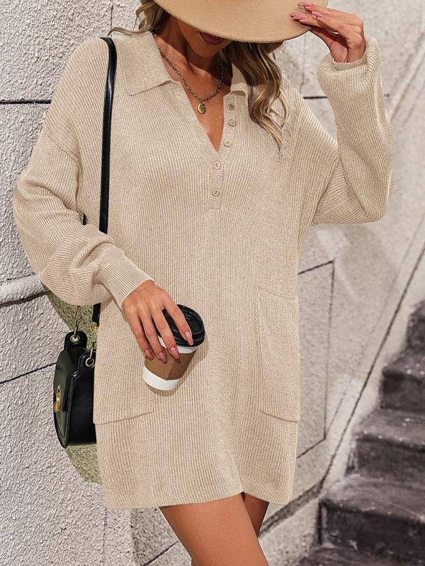 lapel button sweater mid-length coat sweater - 808Lush