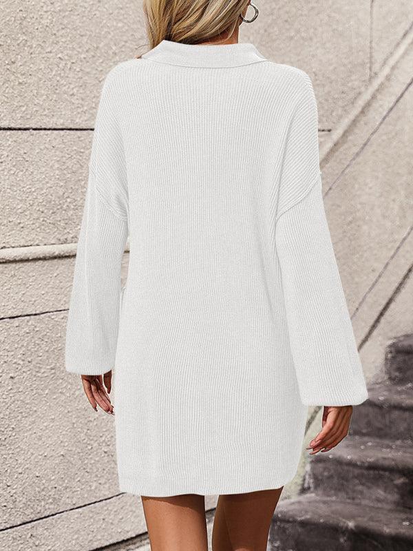 lapel button sweater mid-length coat sweater - 808Lush