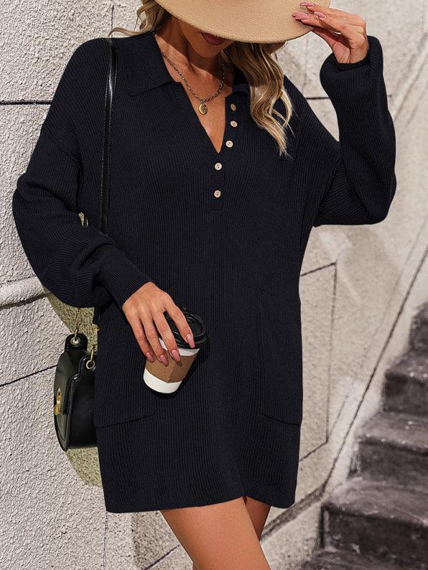 lapel button sweater mid-length coat sweater - 808Lush
