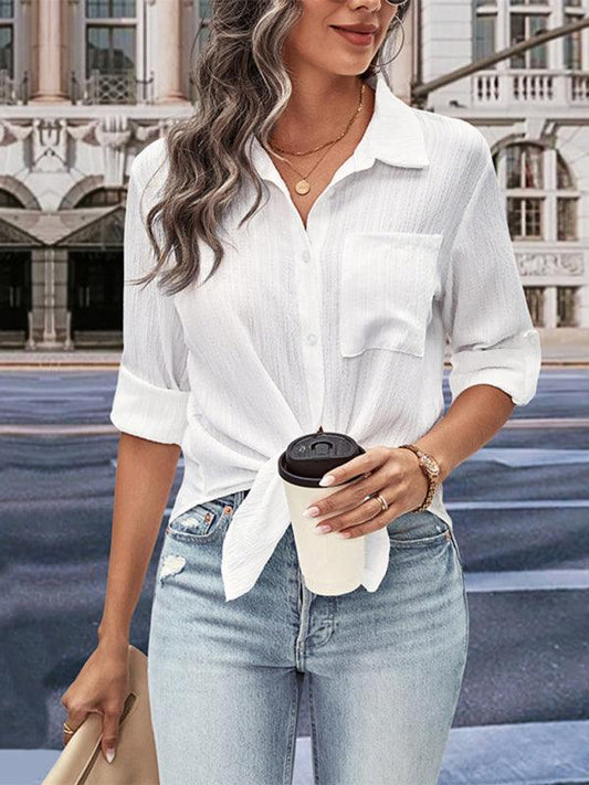 solid color long-sleeved white shirt - 808Lush
