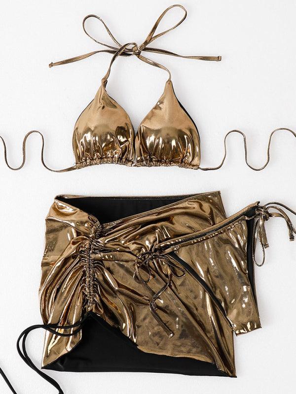 3-piece solid color glossy sexy lace-up bikini - 808Lush