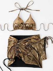 3-piece solid color glossy sexy lace-up bikini - 808Lush