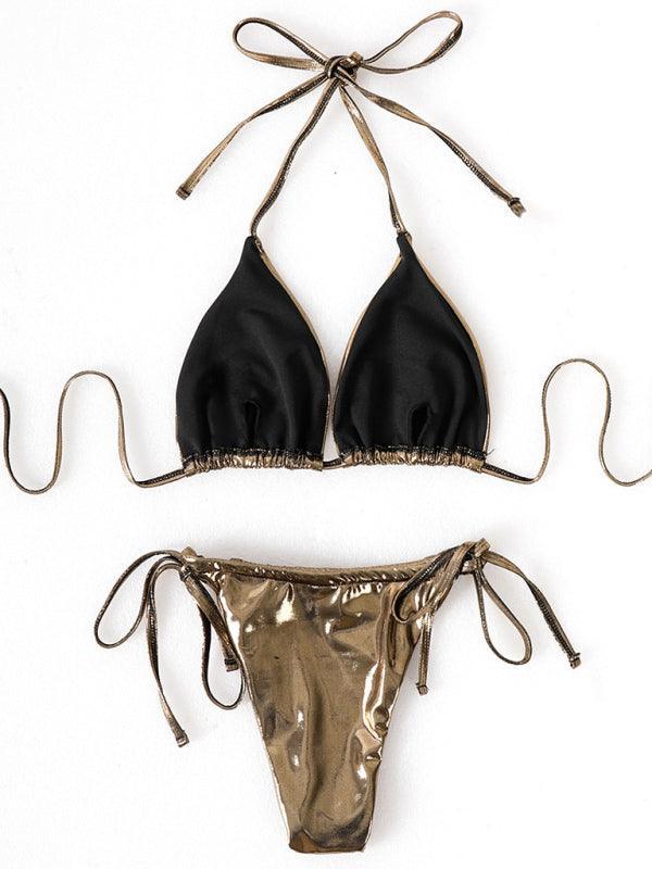 3-piece solid color glossy sexy lace-up bikini - 808Lush