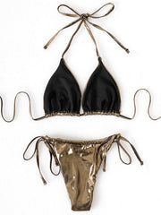 3-piece solid color glossy sexy lace-up bikini - 808Lush