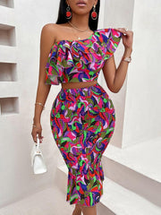 Off-shoulder lotus leaf print women's suit - 808Lush