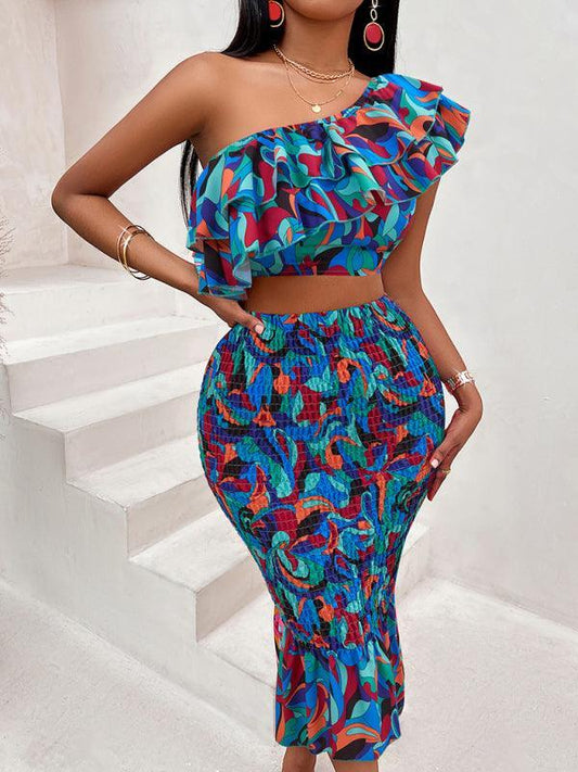 Off-shoulder lotus leaf print women's suit - 808Lush