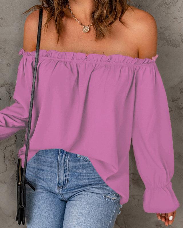 One-neck chiffon shirt solid color pullover sexy off-the-shoulder top - 808Lush