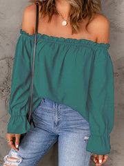 One-neck chiffon shirt solid color pullover sexy off-the-shoulder top - 808Lush