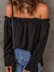 One-neck chiffon shirt solid color pullover sexy off-the-shoulder top - 808Lush